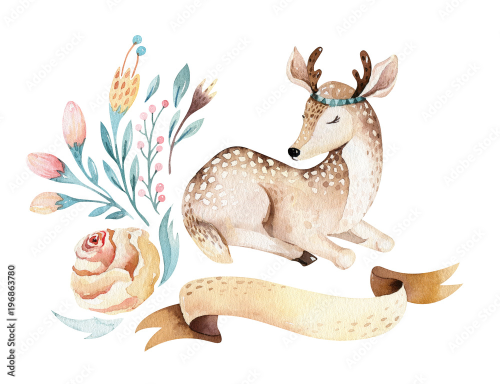 Obraz Cute baby deer animal nursery isolated illustration for children. Watercolor boho forest cartoon Birthday patry invitation Perfect for nursery posters, patterns