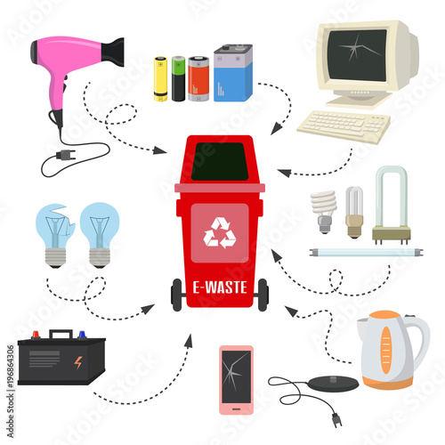 Container with E-waste trash on white background.