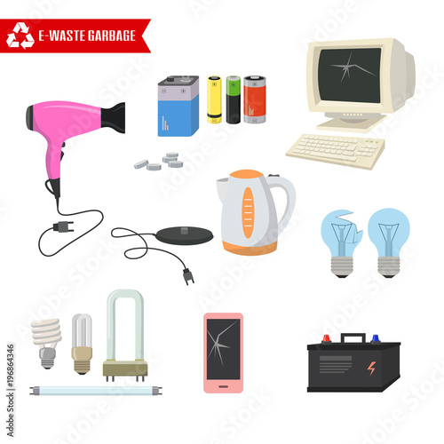 E-waste trash on white background.
