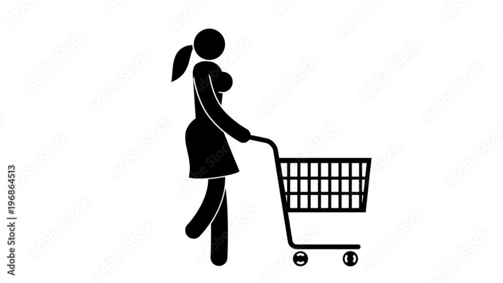 Pictogram woman rolls a shopping cart in front of her. Looped animation with alpha channel. Pictogram woman rolls a shopping cart in front of her. Looped animation with alpha channel.