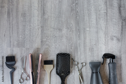 Hair Salon Accessories on a Wood Background