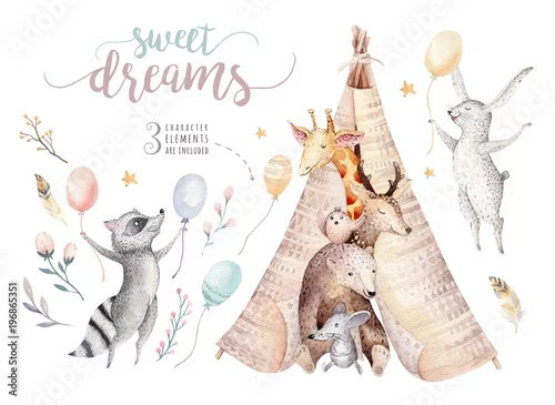 Obraz Śliczna dziecko żyrafa, jelenia zwierzęcia mysz i niedźwiedź, szop pracz i królik odizolowywał ilustrację dla dzieci. Akwarela boho las kreskówka urodziny patry tipi zaproszenie