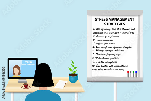 Woman is educating in stress management strategies by a woman communicating with her from a PC standing on the table. Description of Stress management strategies is written on the flipchart 