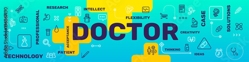 Profession doctor concept on blue background. Vector creative illustration of doctor word lettering typography with line icon, tag cloud.
