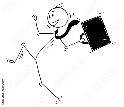 Cartoon stick man drawing conceptual illustration of happy dancing and jumping celebrating businessman. Business concept of success.