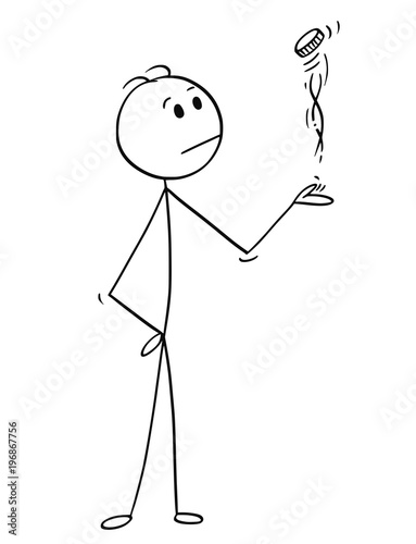 Cartoon stick man drawing conceptual illustration of businessman making decision by tossing, flipping or spinning a coin. Business concept of luck, coincidence and chance.