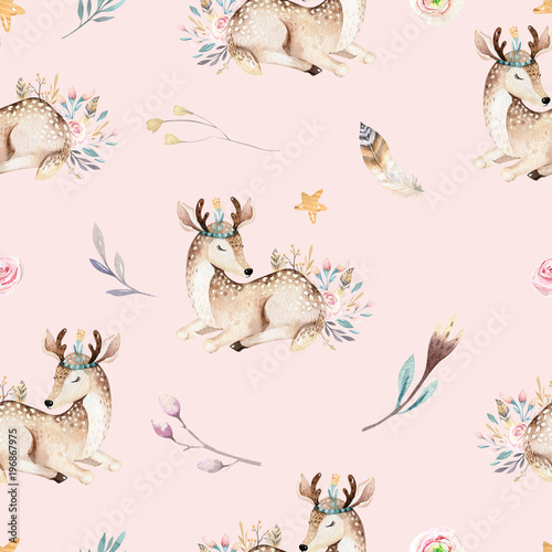 Cute family baby raccon, deer and bunny. animal nursery giraffe, and bear isolated illustration. Watercolor boho raccon drawing nursery seamless pattern. Kids background, nursery print © kris_art