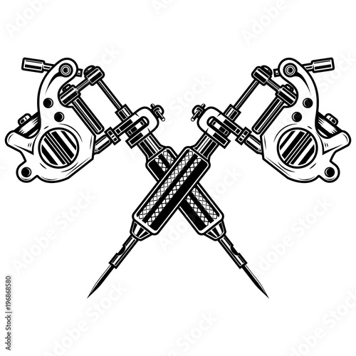 Crossed tattoo machines isolated on  white background. Design element for poster, emblem, sign, badge.