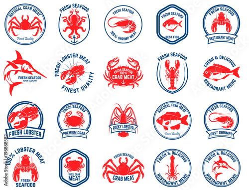 Set of seafood market emblems. Design element for logo, label, emblem, sign.