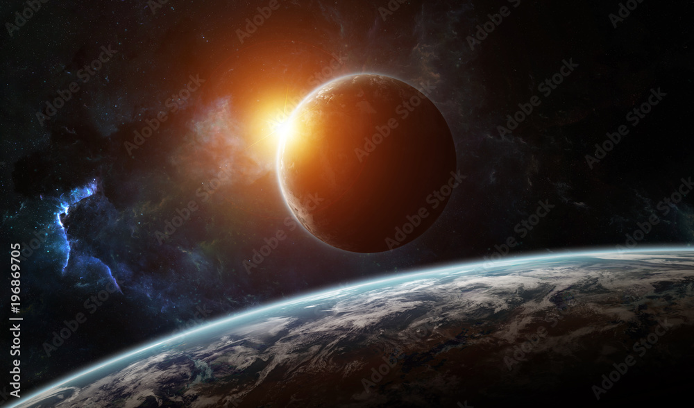 Fototapeta premium Distant planet system in space with exoplanets 3D rendering elements of this image furnished by NASA