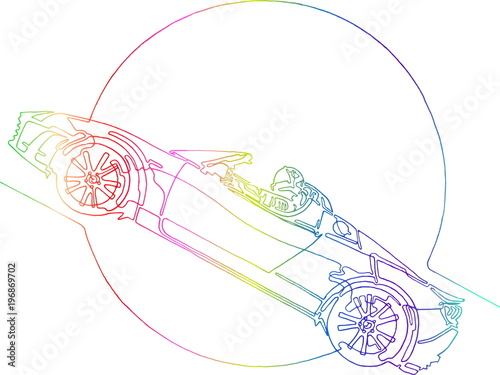Starman astronaut on cabriolet in space, continuous line