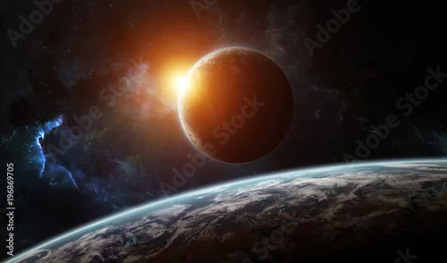 Obraz Odległy system planet w kosmosie z egzoplanetami renderującymi w 3D elementy tego obrazu dostarczone przez NASA