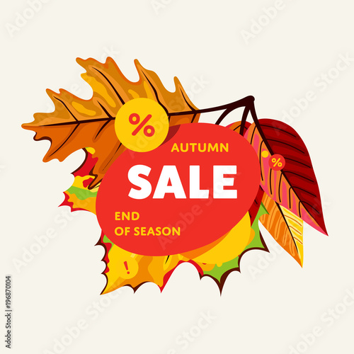 Autumn sale design template, vector illustration. End of season banner with colorful leaves on white background. Advertisement about autumnal discount. Incredible sale proposition