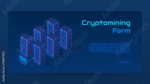 Abstract Cryptomining isometric concept banner. Modern Concept of Digital Crypto Mining Technology. Vector Illustration with Blockchain Farm composition.