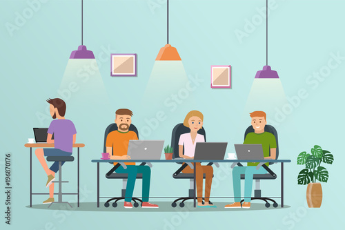 Vector illustration of coworking space. Working place, office. People working in the  office. Flat design.