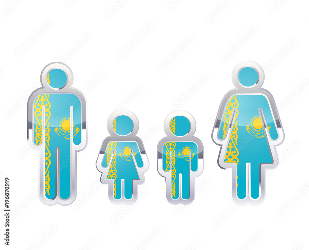 Glossy metal badge icon in man, woman and childrens shapes with Kazakhstan flag, infographic element on white Glossy metal badge icon in man, woman and childrens shapes with Kazakhstan flag, infographic element on white