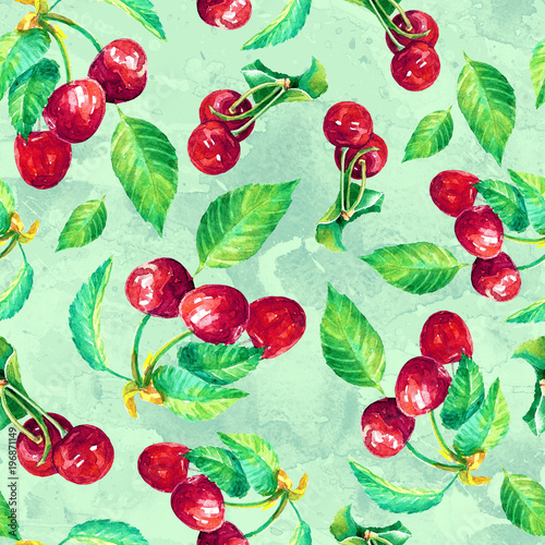 Fototapeta Naklejka Na Ścianę i Meble -  Watercolor seamless pattern of cherry berries.