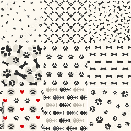 Set of patterns with paw footprints and bones