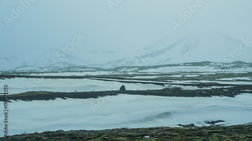Iceland bad weather snow and fog mountaitn background, green moss field