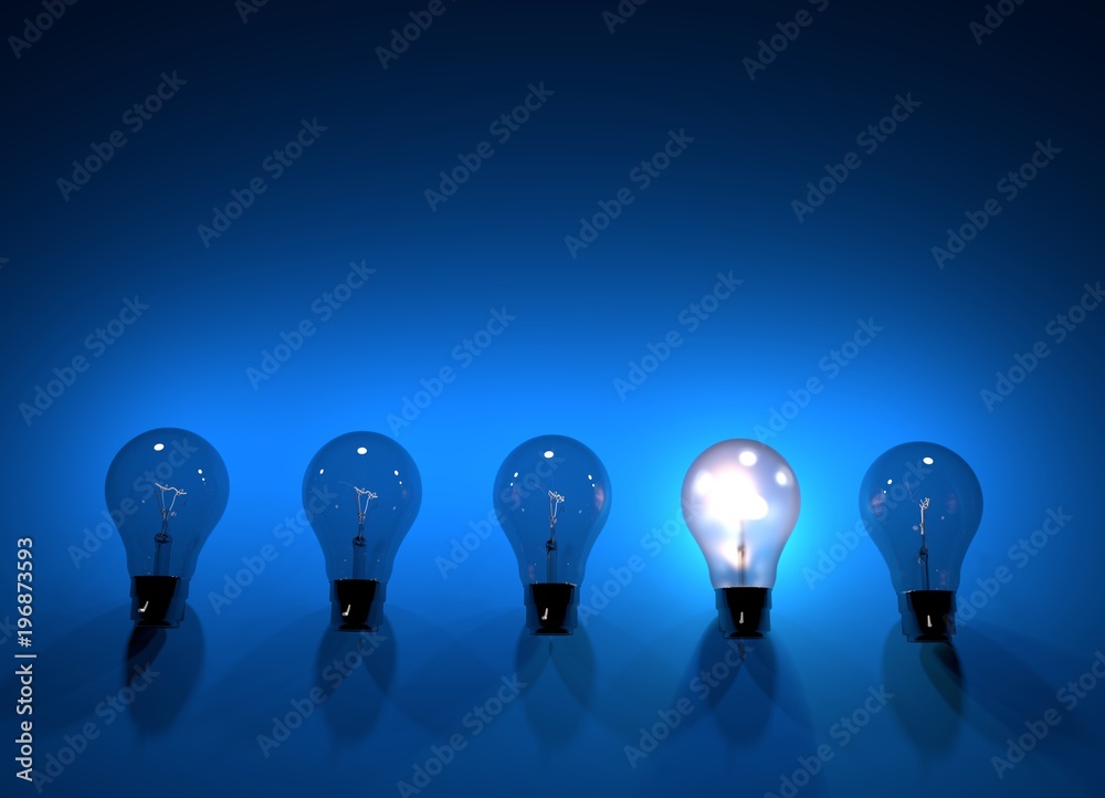 Group of countless bulbs and one of them is bright, 3D Render and illustration of lightbulb. Idea and business concept. Group of countless bulbs and one of them is bright, 3D Render and illustration of lightbulb. Idea and business concept.