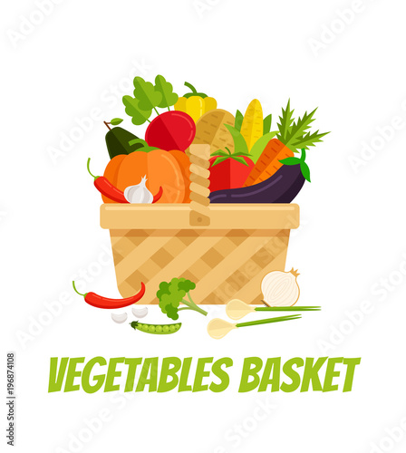 Wicker basket full of vegetables carrot,chili,cucumber, eggplant, onion, pea, pepper, pumpkin, tomato, broccoli, corn, potato,radish. Agriculture garden farming concept. Vector flat cartoon isolated i