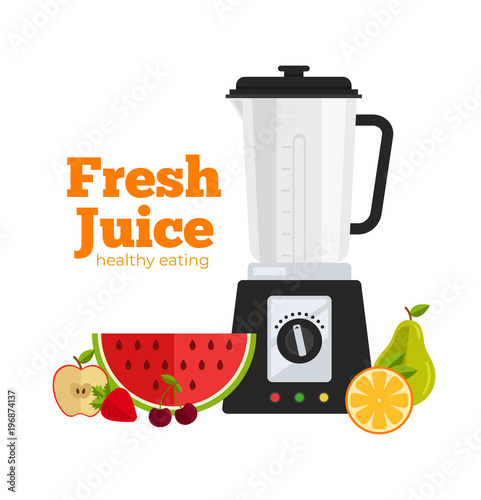 Fruits smoothie cocktail milkshake juice making of watermelon, berry, cherry, orange, apple, strawberry, pear by blender mixer. Morning breakfast healthy nutrition beverage drink concept. Vector flat 