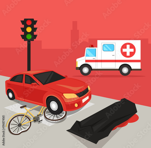 Car driver hit cyclist by car. Automobile crash damage drunk driver concept. Road accident disaster victim dead body corpse concept. Vector flat cartoon illustration
