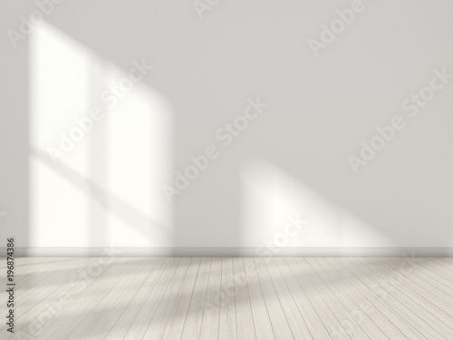 Fototapeta Naklejka Na Ścianę i Meble -  3D stimulate of white room interior and wood plank floor with sun light cast on the wall,Perspective of minimal design architecture