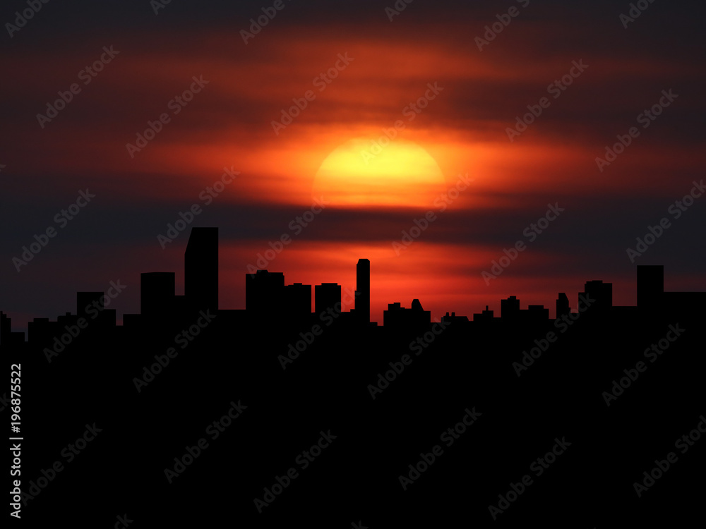 Miami skyline silhouette with sunset illustration
