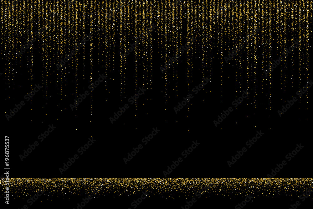 Golden glitter rain on black background. Vector design texture. Stock
