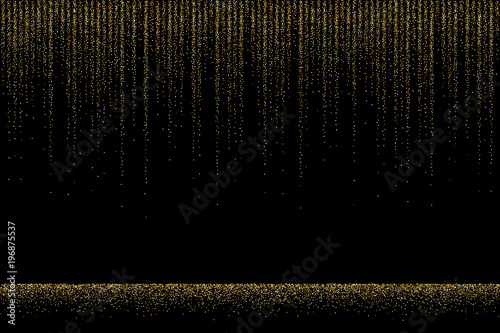Golden glitter rain on black background. Vector design texture.