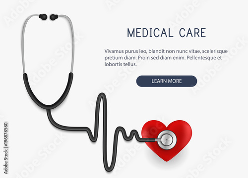 Medical care. Realistic stethoscope icon and heart. Vector illustration.