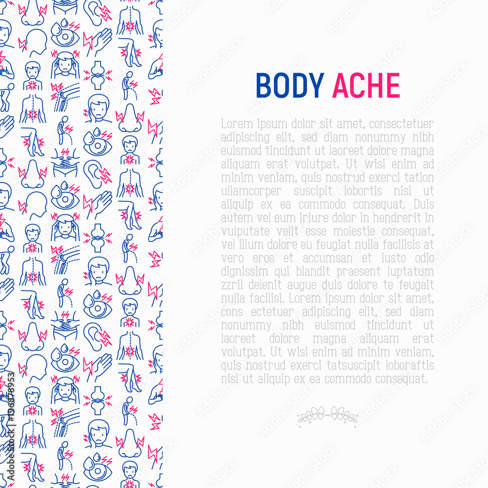 Fototapeta premium Body aches concept with thin line icons: migraine, toothache, pain in eyes, ear, nose, when urinating, chest pain, menstrual, joint, arthritis, rheumatism. Vector illustration for banner, print media.