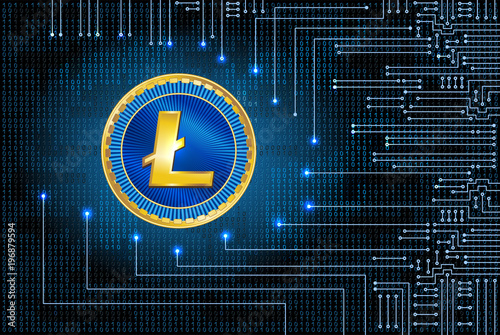 Virtual symbol of the coin litecoin on binary code background and electronic circuit