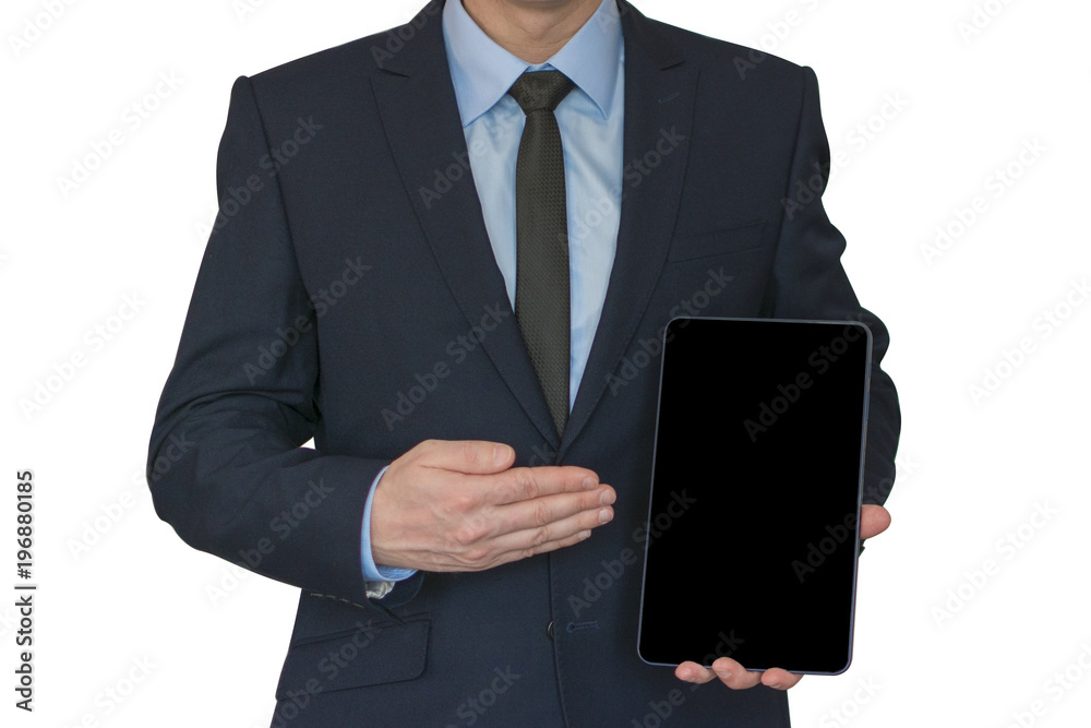 business man hold the tablet and point to it by his hand. mock up business man hold the tablet and point to it by his hand. mock up