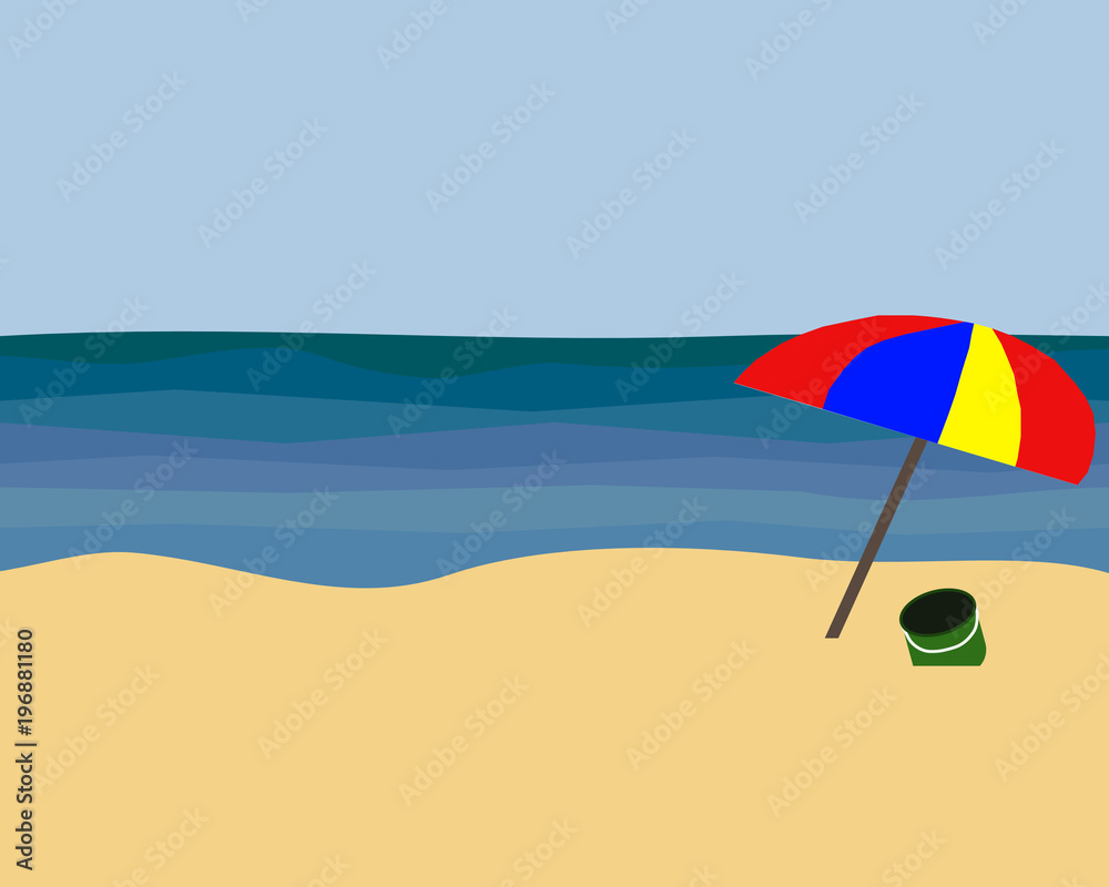 Beach Scene with Umbrella and Bucket on Sand