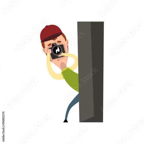 Professional male photographer paparazzi with camera taking pictures, spy hiding behind a post vector Illustration on a white background