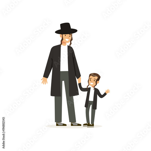 Cartoon characters of orthodox jews smiling father and his little son with payots. Religious family. Jewish rabbi. Members of Semitic culture. Flat vector design