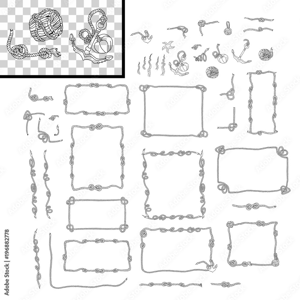 Rope frames and rope knots isolated vector Set