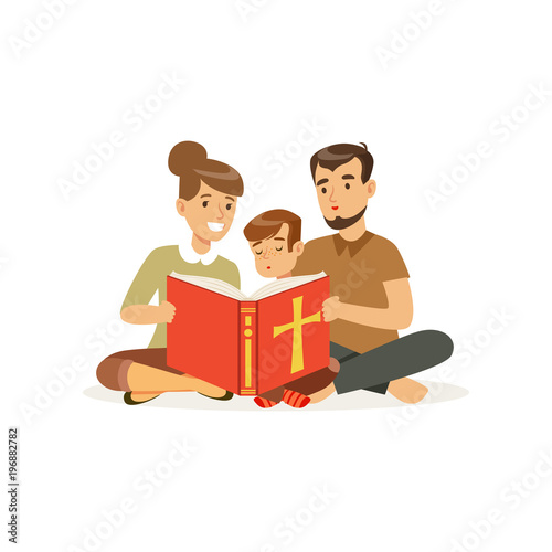 Mother, father and son sitting on floor and reading holy book. Religious family. Parents and child. Cartoon characters of Christian people. Flat vector design