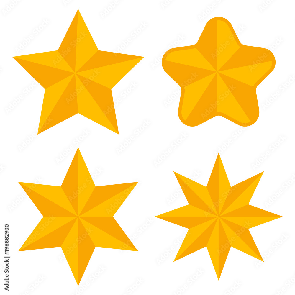 Gold stars of different shapes vector flat icon set isolated on white background.