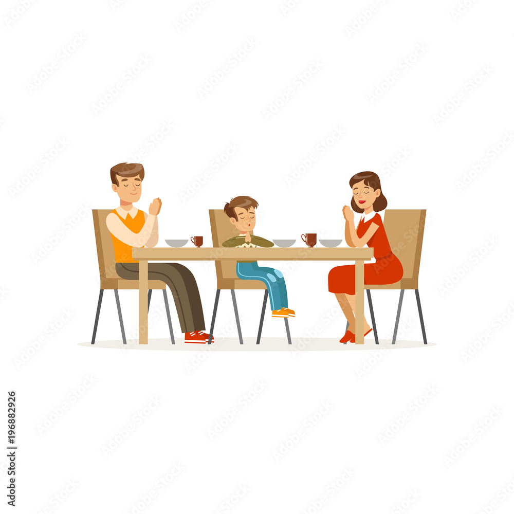 Catholic family praying before meal. Father, mother and son sitting at dining table. Cartoon character of man, woman and boy. Religious people. Flat vector design