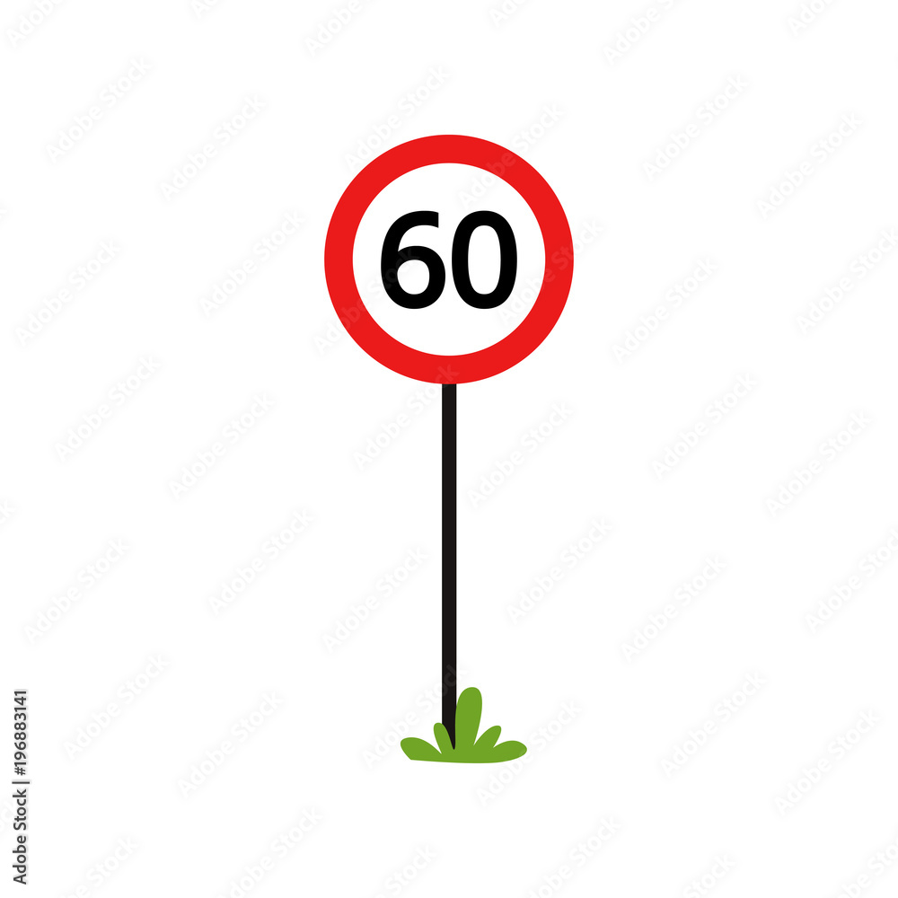 Red round sign with number 60 - indicate maximum speed limit. Flat ...