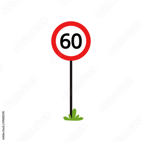 Red round sign with number 60 - indicate maximum speed limit. Flat vector design for book of traffic rules, mobile app or infographic poster