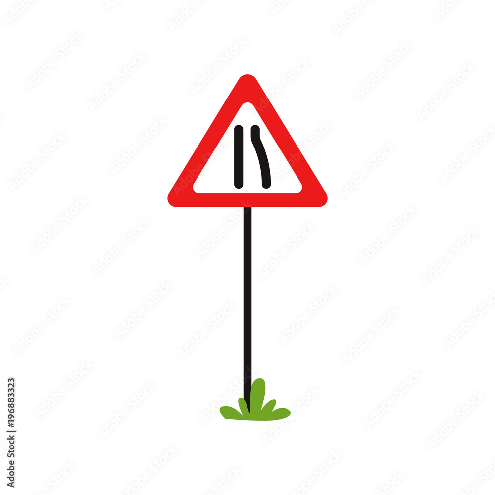 Triangular warning traffic sign road narrows to left. Flat vector design for educational book, infographic poster or mobile app. Cartoon style icon Triangular warning traffic sign road narrows to left. Flat vector design for educational book, infographic poster or mobile app. Cartoon style icon