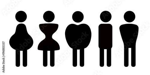 Different body shapes, physique frames and types of figures - pear, hourglass, apple, rectangular, triangle. Vector illustration of simple pictograms.