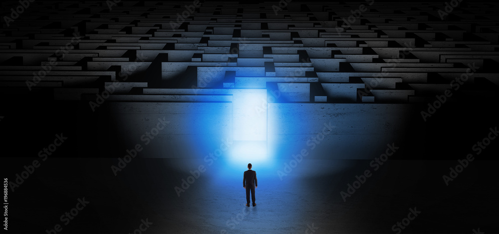 Businessman starting a dark labyrinth challenge