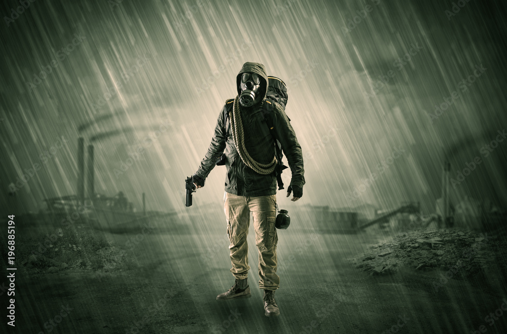 Fototapeta premium Gas masked men in demolished environment