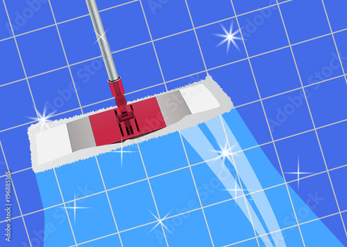 Mop cleaning clean blue tile floor shiny. Vector