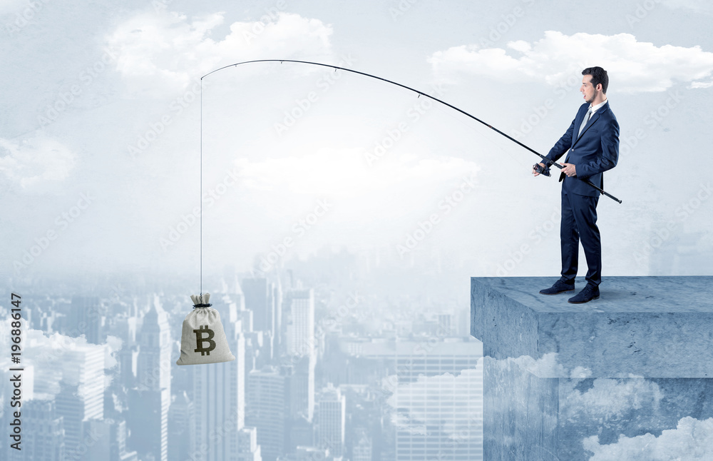 Businessman fishing currency from the city concept Businessman fishing currency from the city concept
